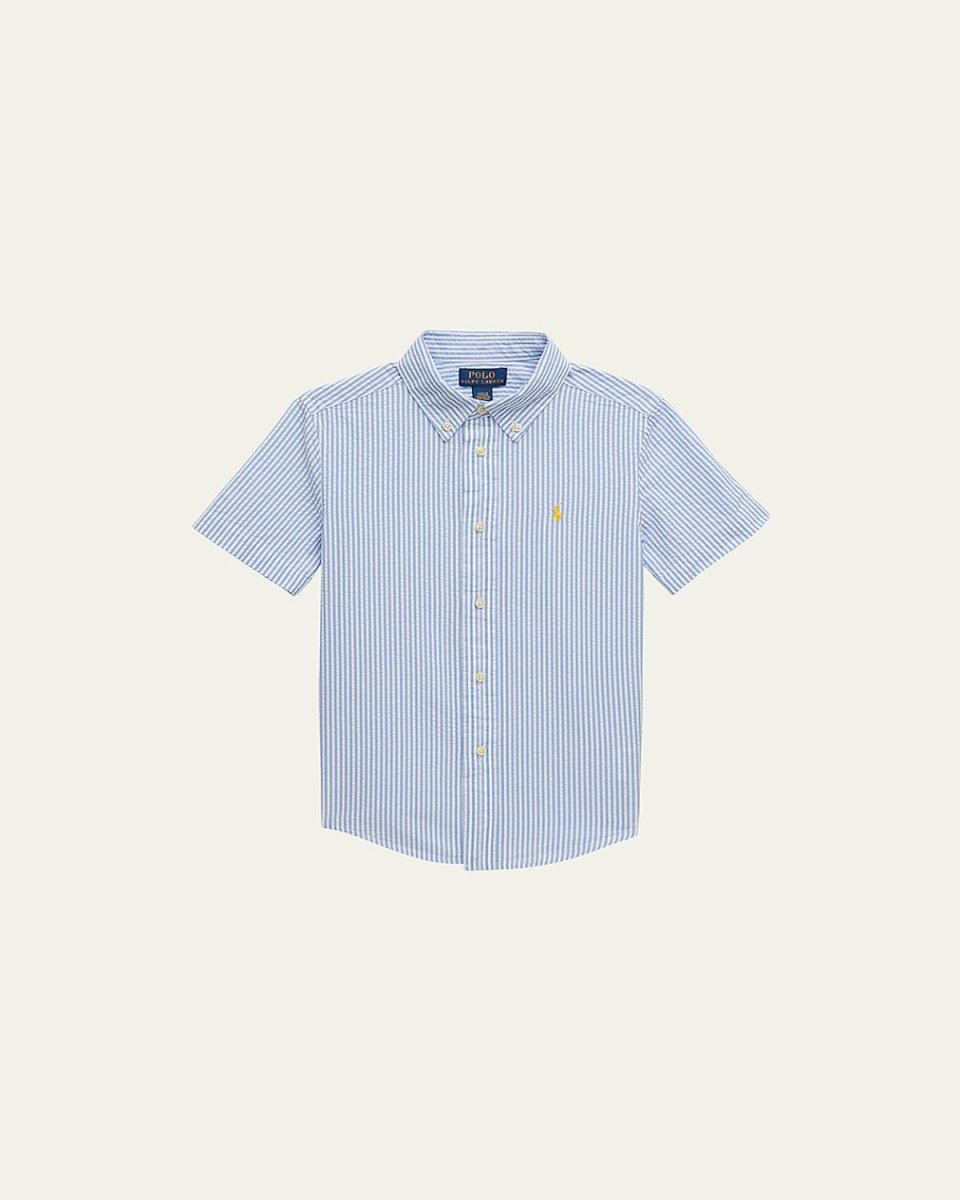 Boy's Striped Seersucker Short-Sleeve Shirt, Size 5-7